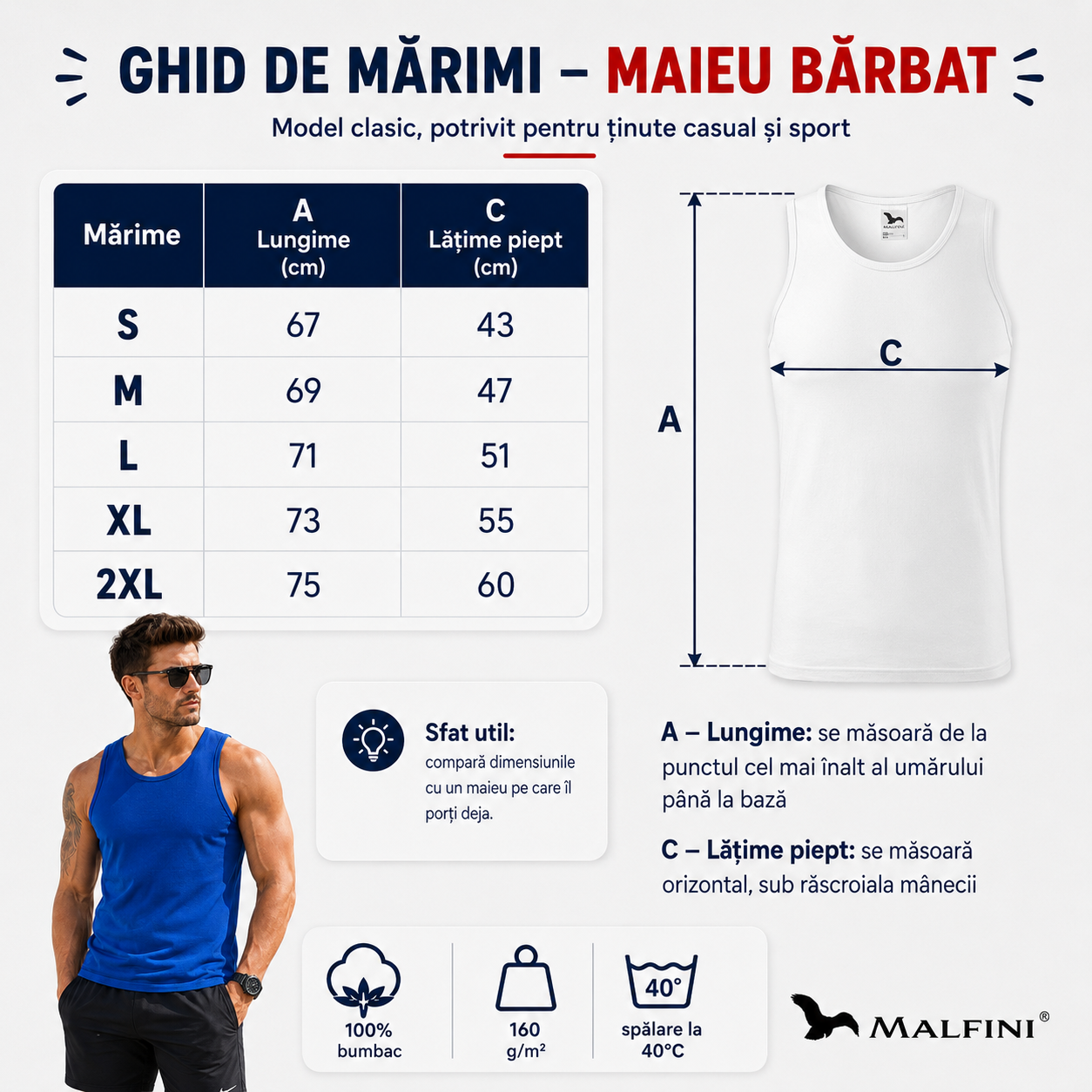 Maiou bărbat Malfini Core 142 disponibil &icirc;n 5 culori, alb, negru, albastru marin, albastru regal și gri &icirc;nchis